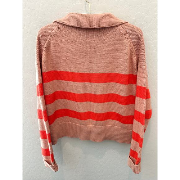 VELVET BY GRAHAM & SPENCER Striped Polo Sweater Tan Red Cotton Cashmere | XS - Picture 4 of 7
